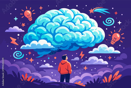 Person contemplating large floating brain, symbolizing deep thought, creativity, and idea generation in a cosmic mindset