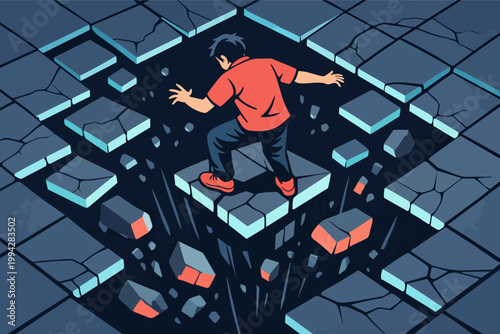 Person standing on a crumbling platform, facing collapse and instability, business risk challenge concept