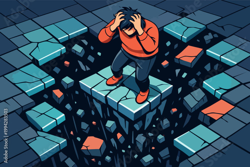 Person in distress clutching head on a collapsing platform, symbolizing mental health challenges, anxiety, and breakdown