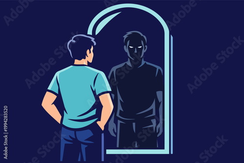 Man looking at his own dark alter ego reflection in a mirror, facing shadow self, inner demon, subconscious personality issues