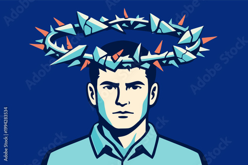 Man bearing crown of thorns as halo, symbolizing sacrifice, burden, and challenging spirituality