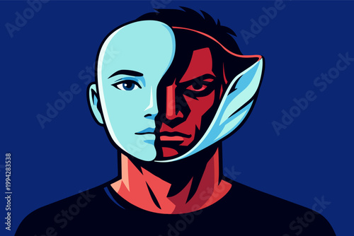 Person concealing true identity with a mask, showing duality, hypocrisy, and a hidden dark nature