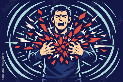 Man screaming with chest exploding, experiencing emotional pain, stress, agony, mental breakdown, trauma, and heartbreak
