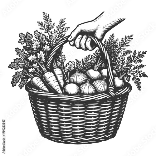 hand holding a wicker basket filled with fresh vegetables like carrots, garlic, and herbs from harvest sketch engraving generative ai vector illustration. Scratch board imitation. Black and white.