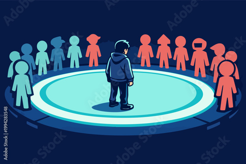 Person standing alone in spotlight, group of diverse people watching from circle, concept of individuality and judgment