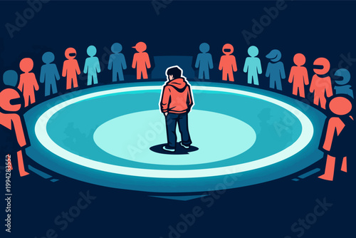 Young man standing alone in spotlight, community circling, feeling isolated and social anxiety