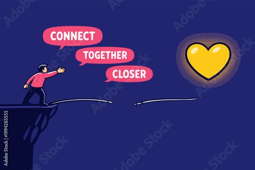 Person reaching across a broken bridge to a glowing heart, connecting with communication and shared effort