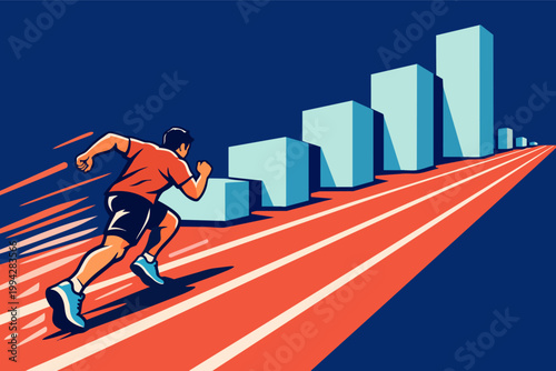 Runner progressing on a track with growing bar charts representing business success and achievement