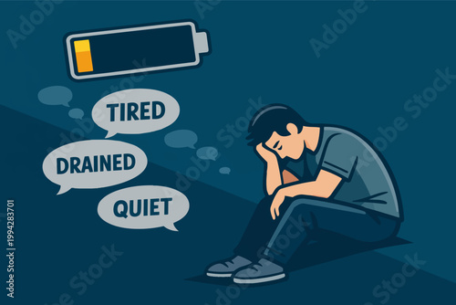 Person experiencing low energy and mental exhaustion, feeling tired, drained, and quiet with a low battery icon