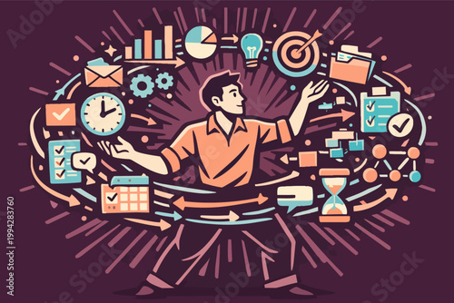 Manager organizing business tasks, planning projects and optimizing workflow, displaying multitasking skills and productivity