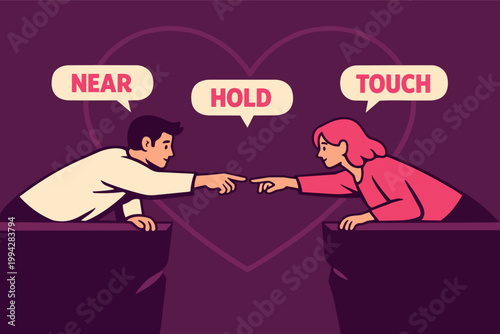 Couple bridging a gap, connecting with touching fingers, finding love and human connection