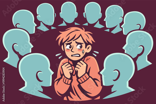 Young person experiencing social anxiety surrounded by faceless crowd, feeling fear, embarrassment, pressure, and insecurity in public