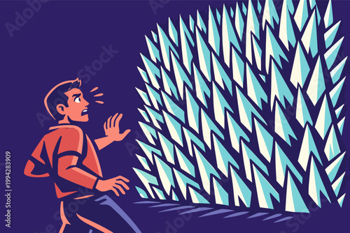 Man facing dangerous spikes, feeling surrounded by fear and risk, overwhelming obstacle or challenge concept