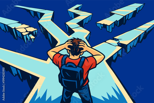 Confused student standing at a crossroads, facing multiple difficult paths and making a challenging decision