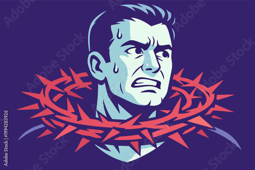 Man suffering from pain and struggle, wearing a crown of thorns, sacrifice concept and pop art style illustration