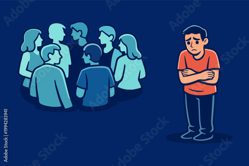 Man feeling isolated and sad, standing alone with crossed arms while a group of people interacts nearby