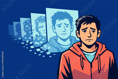 Sad man losing identity, fading memory, experiencing cognitive decline, representing dementia and psychological loss