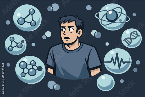Man feeling overwhelmed and confused by complex scientific concepts and data, surrounded by molecules, dna, and atoms