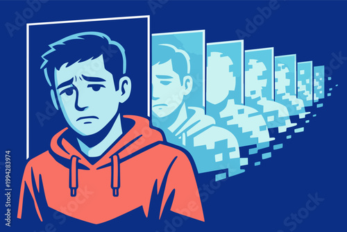 Young man experiencing depersonalization and derealization, losing sense of self and mental identity