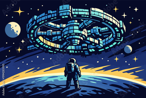 Astronaut on an unknown planet's surface observing a massive space station with complex structures in outer space