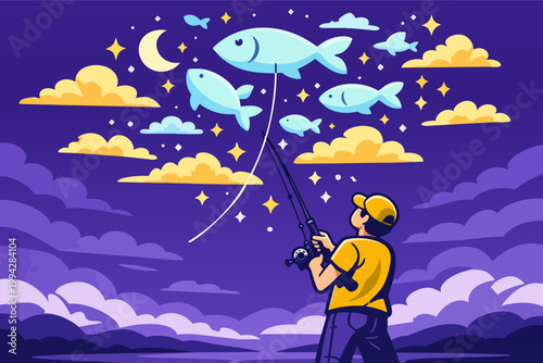 Fisherman catching flying fish in a surreal night sky, dreaming of reaching goals and aspirations