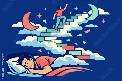 Sleeping man dreaming of climbing stairs to the moon and stars, reaching for goals and success