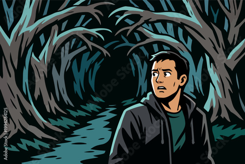 Young man feeling fear and anxiety while lost in a dark, spooky forest at night, walking a mysterious path