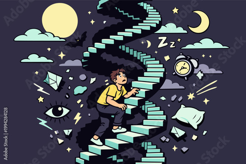 Man climbing a never-ending spiral staircase at night, experiencing sleep issues and bad dreams