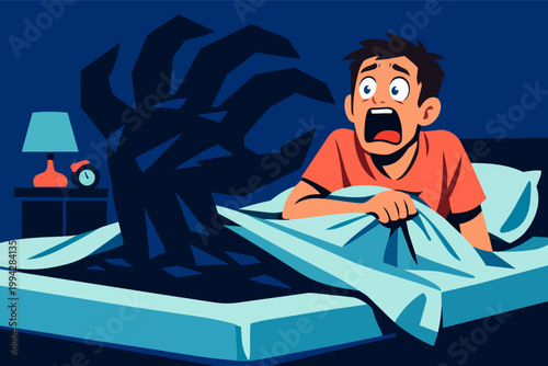 Man experiencing nightmare or sleep paralysis, waking up in terror from a monstrous shadow reaching from under bed