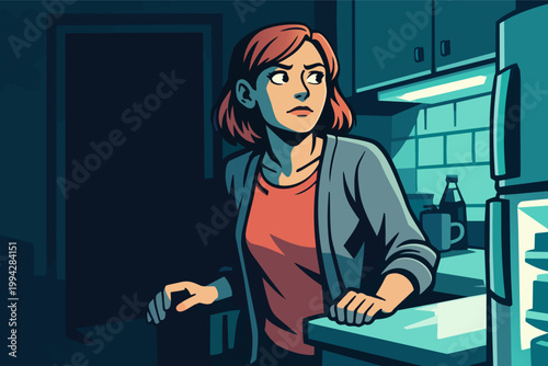 Woman feeling fear and anxiety while searching a dark kitchen at night, looking over her shoulder with suspense. Investigation concept