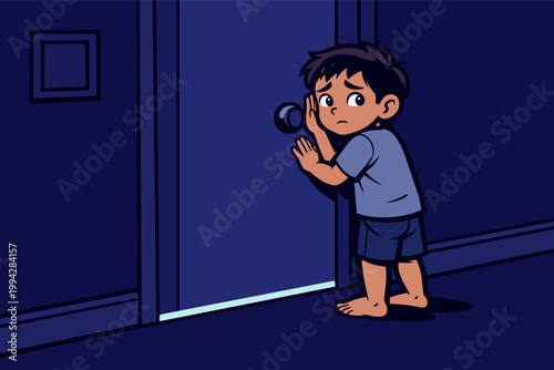 Boy concentrating, pressing his ear to the door, feeling scared and worried about what he is hearing