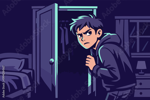 Boy opening closet door in dark bedroom, facing childhood monster fear, suspenseful nighttime scene