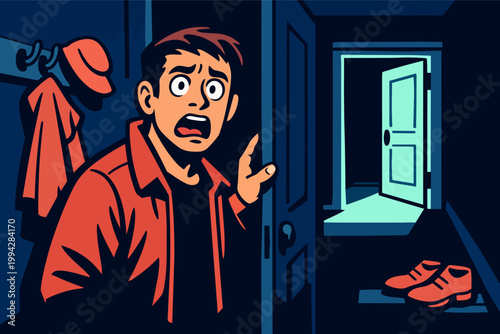 Terrified man seeing open door at night, feeling shock and fear inside a dark home hallway