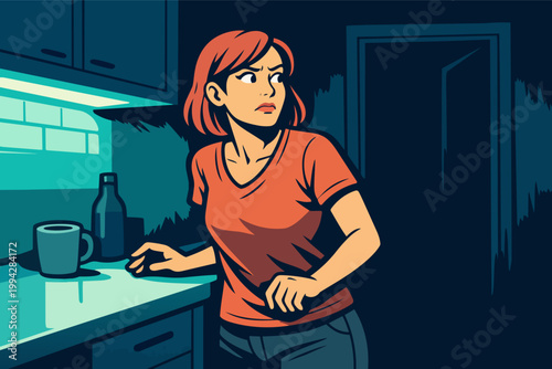 Woman feeling fear and anxiety in a dark kitchen at night, looking suspicious in suspenseful comic art style