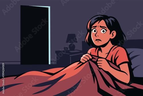 Young girl sitting up in bed, covering herself with a blanket, feeling scared and anxious from a nightmare or phobia