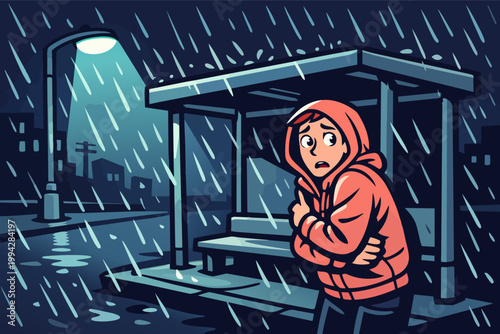 Person shivering at bus stop during cold stormy night, heavy rain falling under street light, feeling lonely and distressed