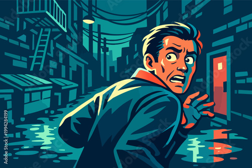 Man running scared down an urban backstreet at night, overwhelmed by panic and danger in a noir graphic illustration