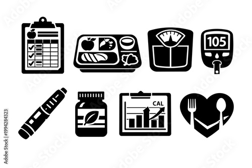 Diabetes management icons set tracking glucose level, diet, weight, and insulin