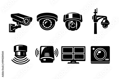 Security cameras and surveillance system icons with motion sensor and monitor