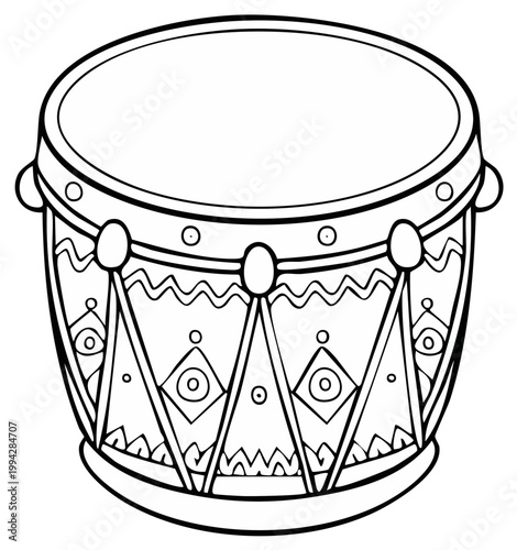 Hand drawn outline illustration of a decorated drum with intricate patterns and detailed design