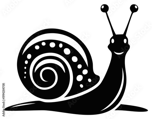 Cartoon snail silhouette in black with decorative shell, smiling and with antennae.