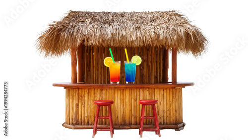 Photos Rustic bamboo tiki bar with thatched roof and colorful cocktails
