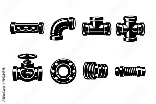 Plumbing pipes, fittings, and valves icon set for industrial systems and connections