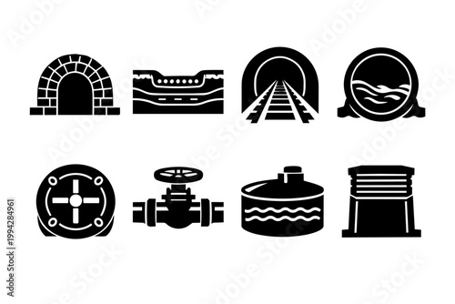 Infrastructure and construction elements icon set representing tunnels, pipes, and valves