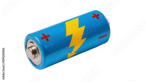 Foto Blue Alkaline Battery with Yellow Lightning Bolt and Red Plus Signs