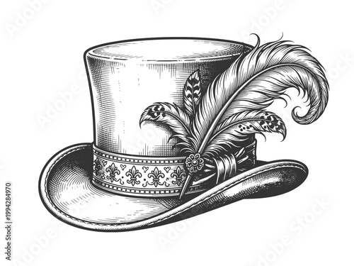 top hat adorned with ornate band and feather, evoking Victorian fashion and timeless gentleman style sketch engraving generative ai vector illustration. Scratch board imitation. Black and white image.