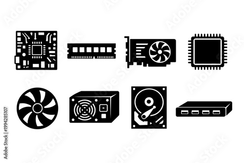 Computer hardware collecting icons. Pc components for electronics and computing technology
