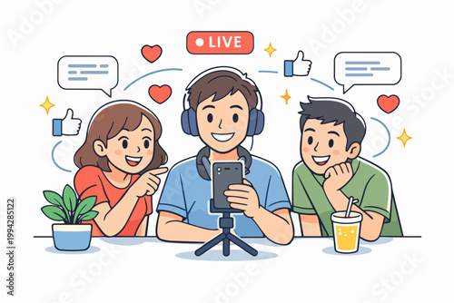 Young content creators livestreaming using smartphone and engaging with audience