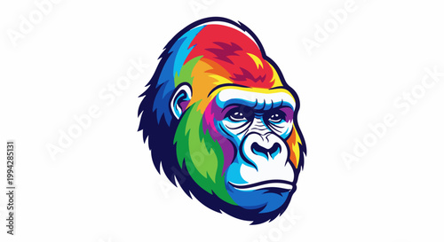 Vividly colored, close-up portrait of a gorilla's face in a pop art style