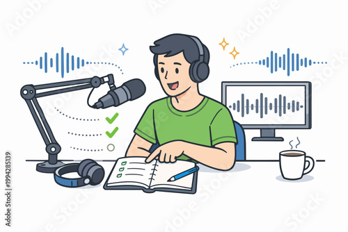 Young man creating podcast content, broadcasting, and recording audio